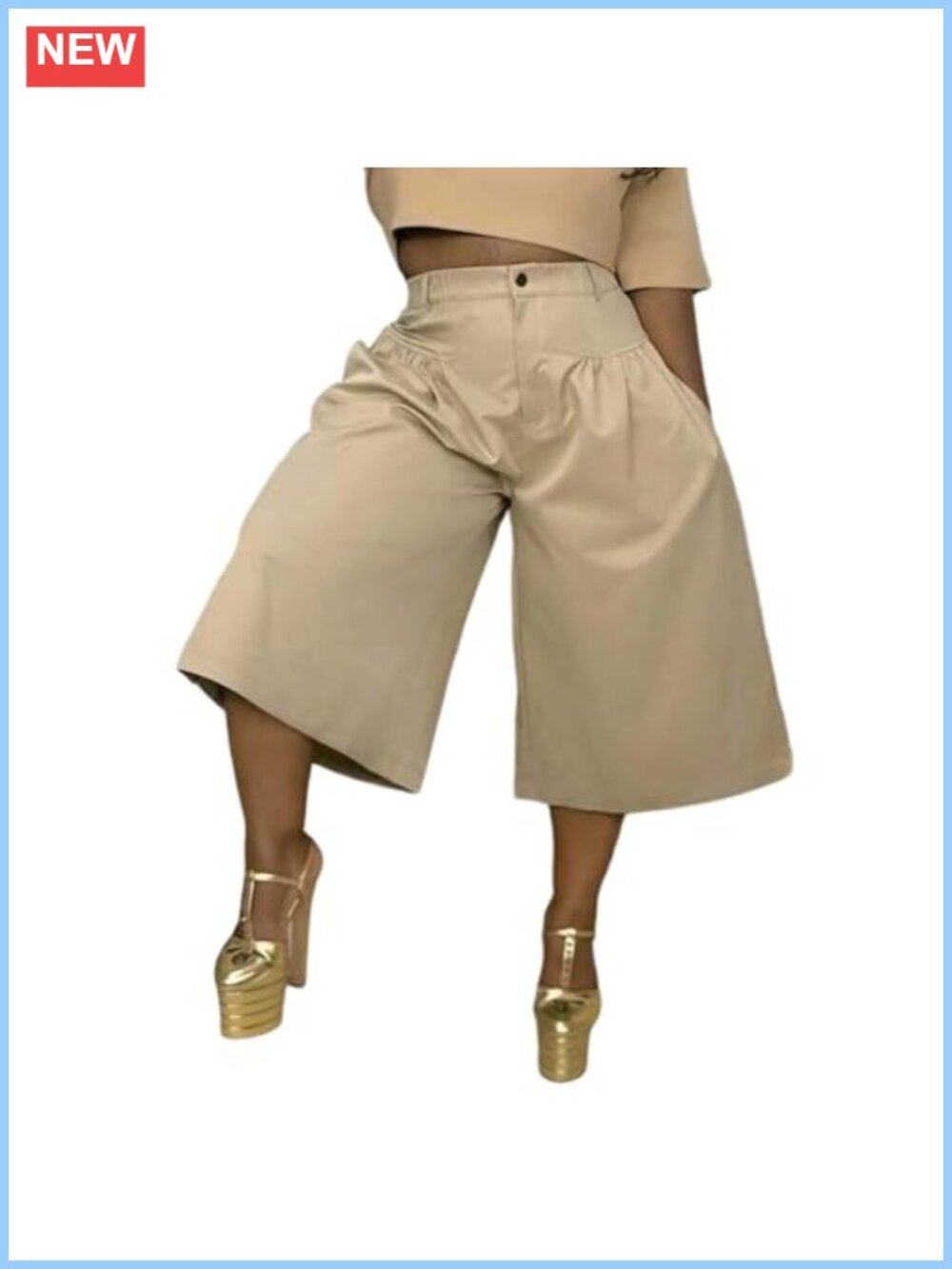 Wide Leg Culottes High Waisted Pleated Capri Pants Cropped Palazzo